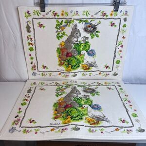 Bunny Garden Themed Placemats Set of 2 NEW Easter Spring Whimsical Rabbits